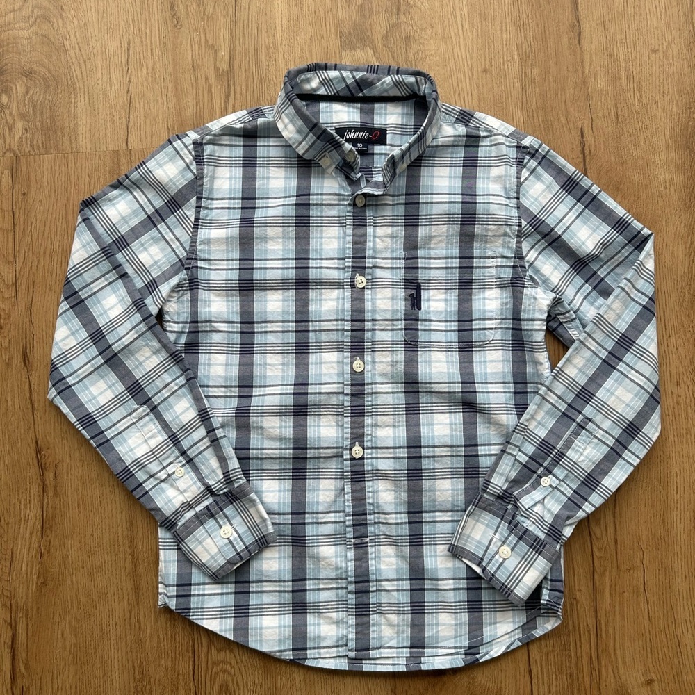 Boys Johnnie-O Gray and Blue Checkered‎ Button Down Shirt Size 10